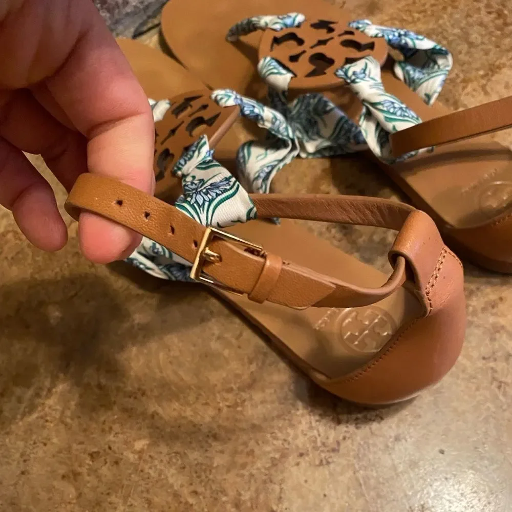 Tory burch leather logo blue Meridian floral fabric miller scarf ankle‎ sandals